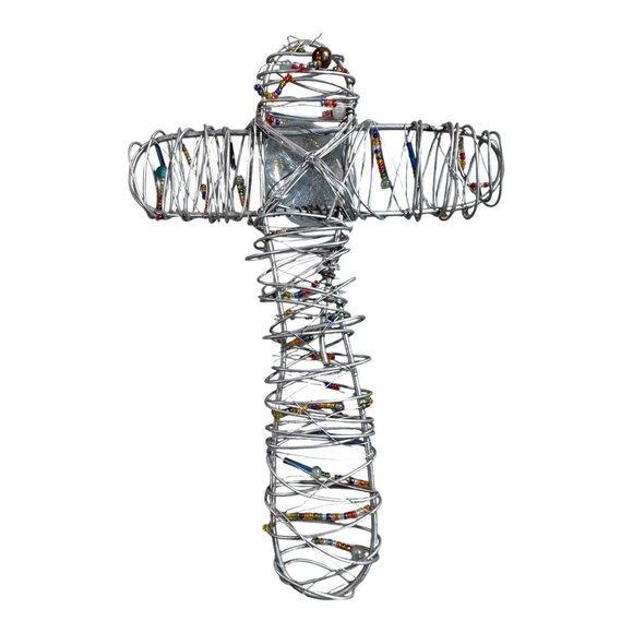 VintageHandcrafted Metal Wire & Beaded Cross Wrapped Glass Centerpiece Beads - Picture 3 of 5